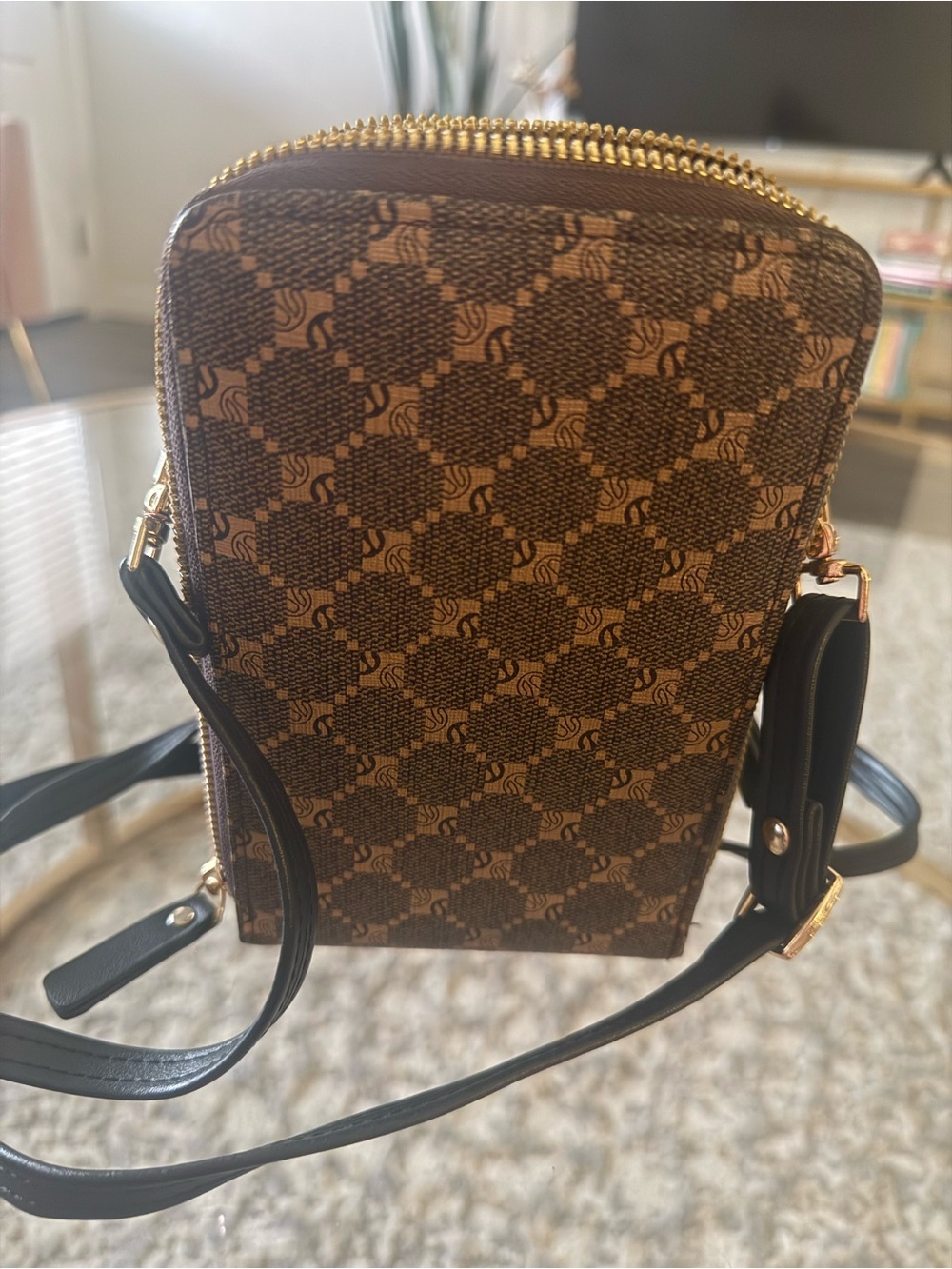 Designer Inspired Bee Crossbody Phone Bag Brown Monogram Triple Zip Wallet Purse - Picture 4 of 7